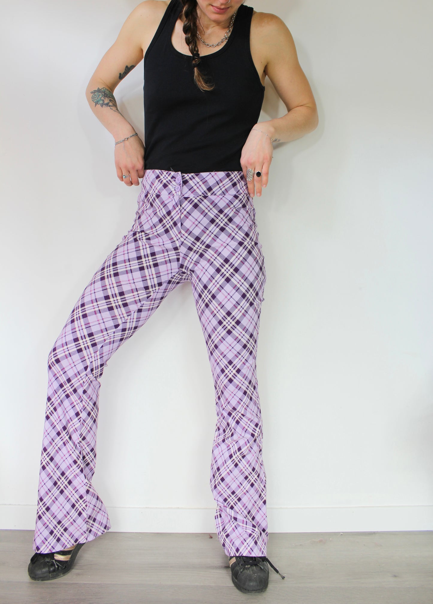 Pantalon vintage carreaux écossais bas évasé années 90