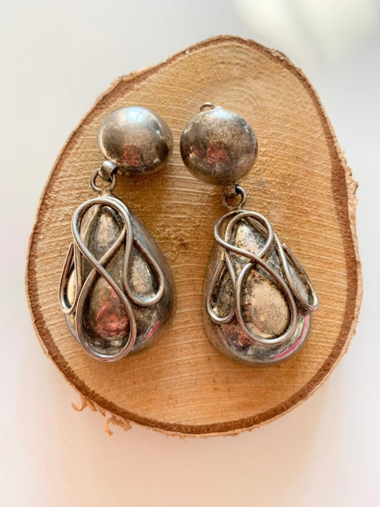 Boucles d'oreilles clips vintage pendantes goutte argenté