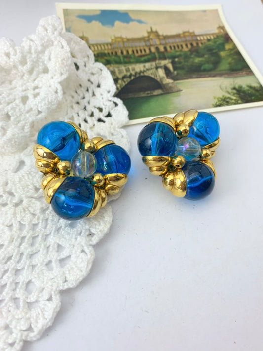 Boucles d'oreille vintage clips perles bleues transparentes et or