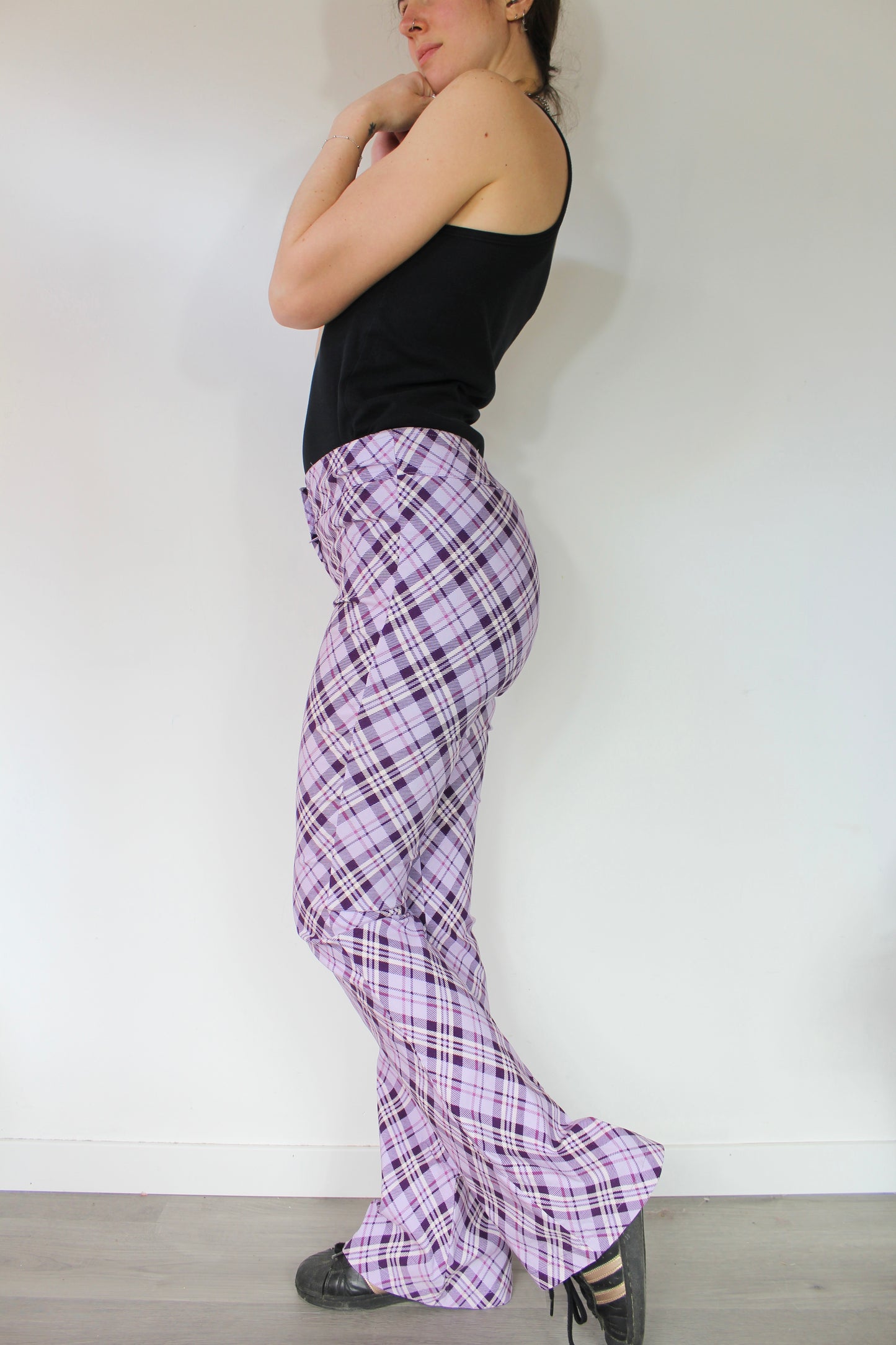 Pantalon vintage carreaux écossais bas évasé années 90