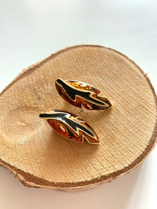 Boucles d'oreilles clips vintage feuilles noir orange émaillées
