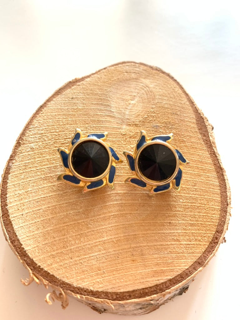 Boucles d'oreilles clips vintage soleil noir et bleu