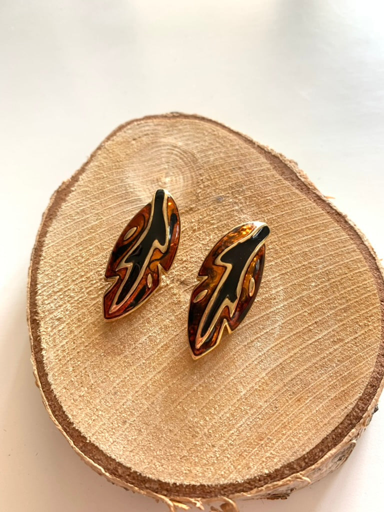 Boucles d'oreilles clips vintage feuilles noir orange émaillées