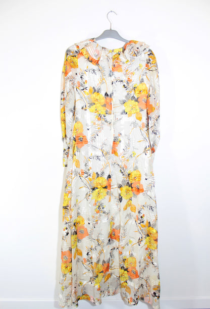 Robe longue vintage à volants blanche fleurs orange bohème années 70 la friperie vintage 25