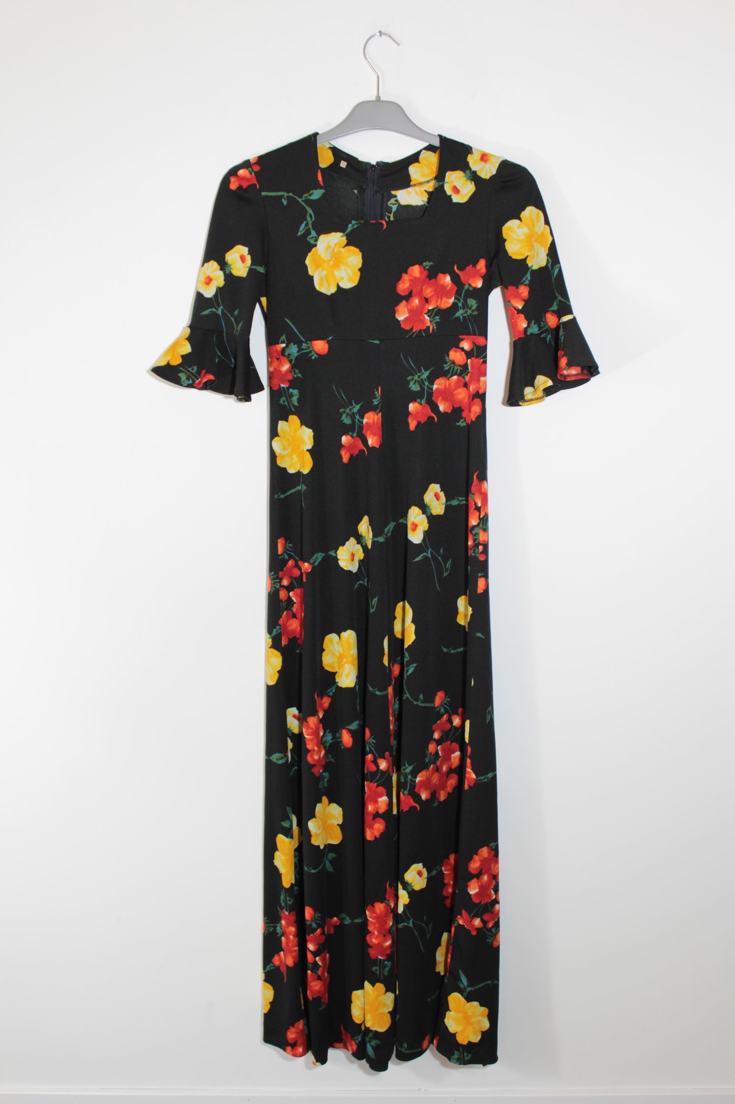 Robe longue vintage noire à fleurs rouge jaune années 80
