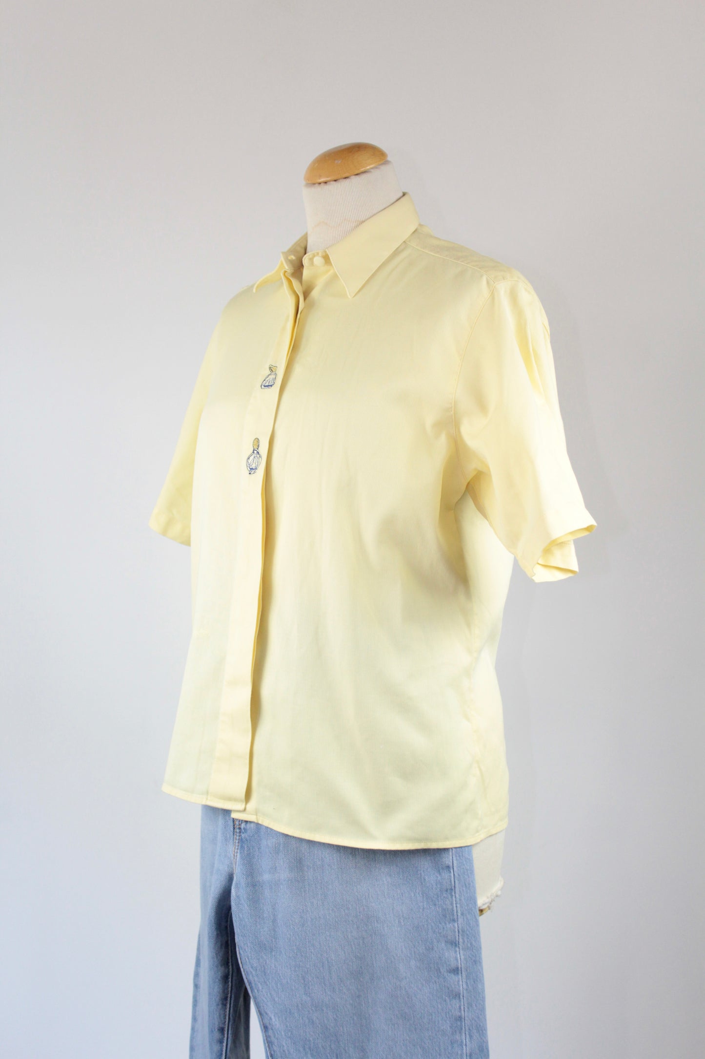 Chemise vintage jaune pâle manches courtes et broderies