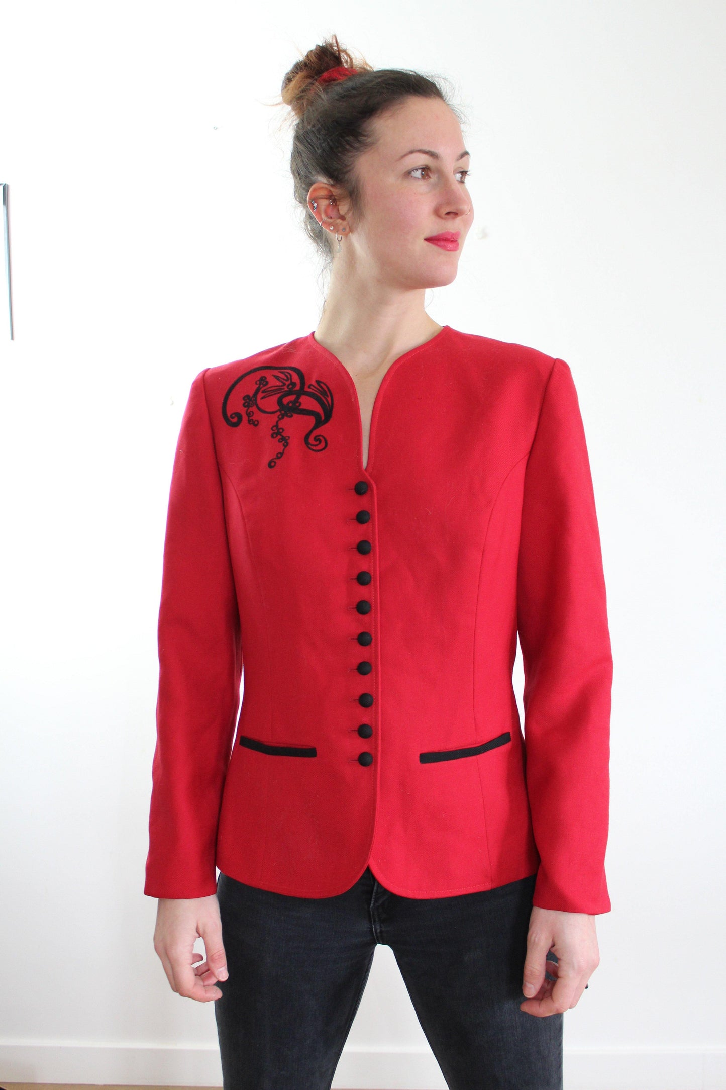 Veste blazer vintage rouge motifs noir femmes T38 La friperie vintage - la friperie vintage 25