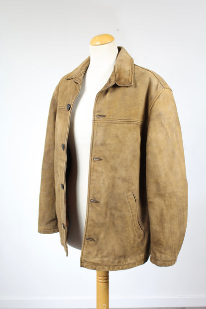 Veste Chevignon vintage cuir marron clair doublée laine carreaux écossais la friperie vintage 25