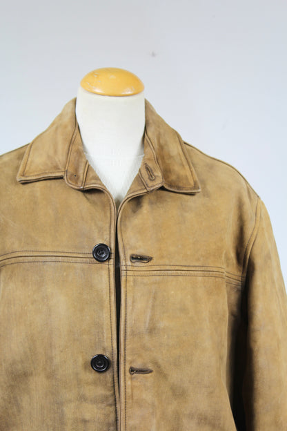 Veste Chevignon vintage cuir marron clair doublée laine carreaux écossais la friperie vintage 25