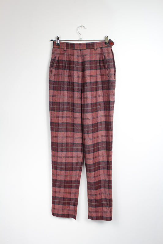 Pantalon vintage à carreaux rose pure laine taille haute