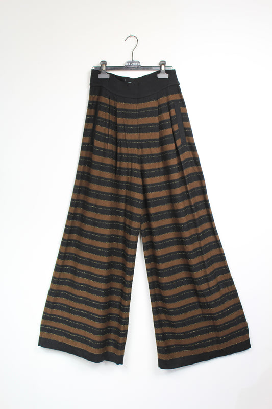 Pantalon vintage jambes large à rayures marron noir pailleté Laine et angora