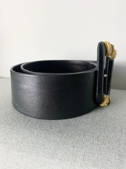 Ceinture vintage en cuir noir boucle dorées strass - la friperie vintage 25