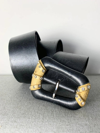 Ceinture vintage en cuir noir boucle dorées strass - la friperie vintage 25