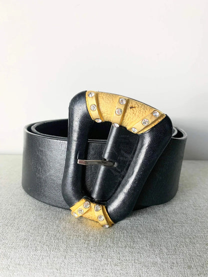 Ceinture vintage en cuir noir boucle dorées strass - la friperie vintage 25